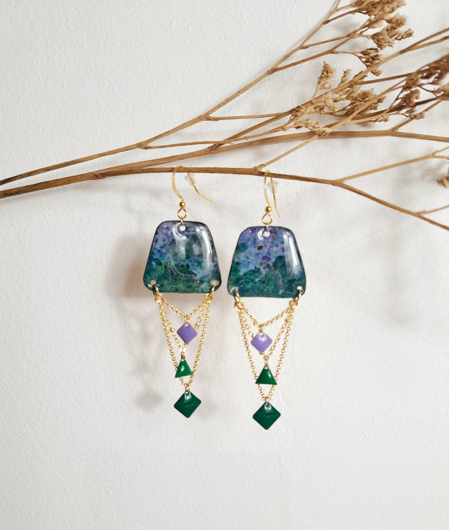 Boucles d'oreilles Adela III aquarelle violet vert forêt or - plaqué or 18k