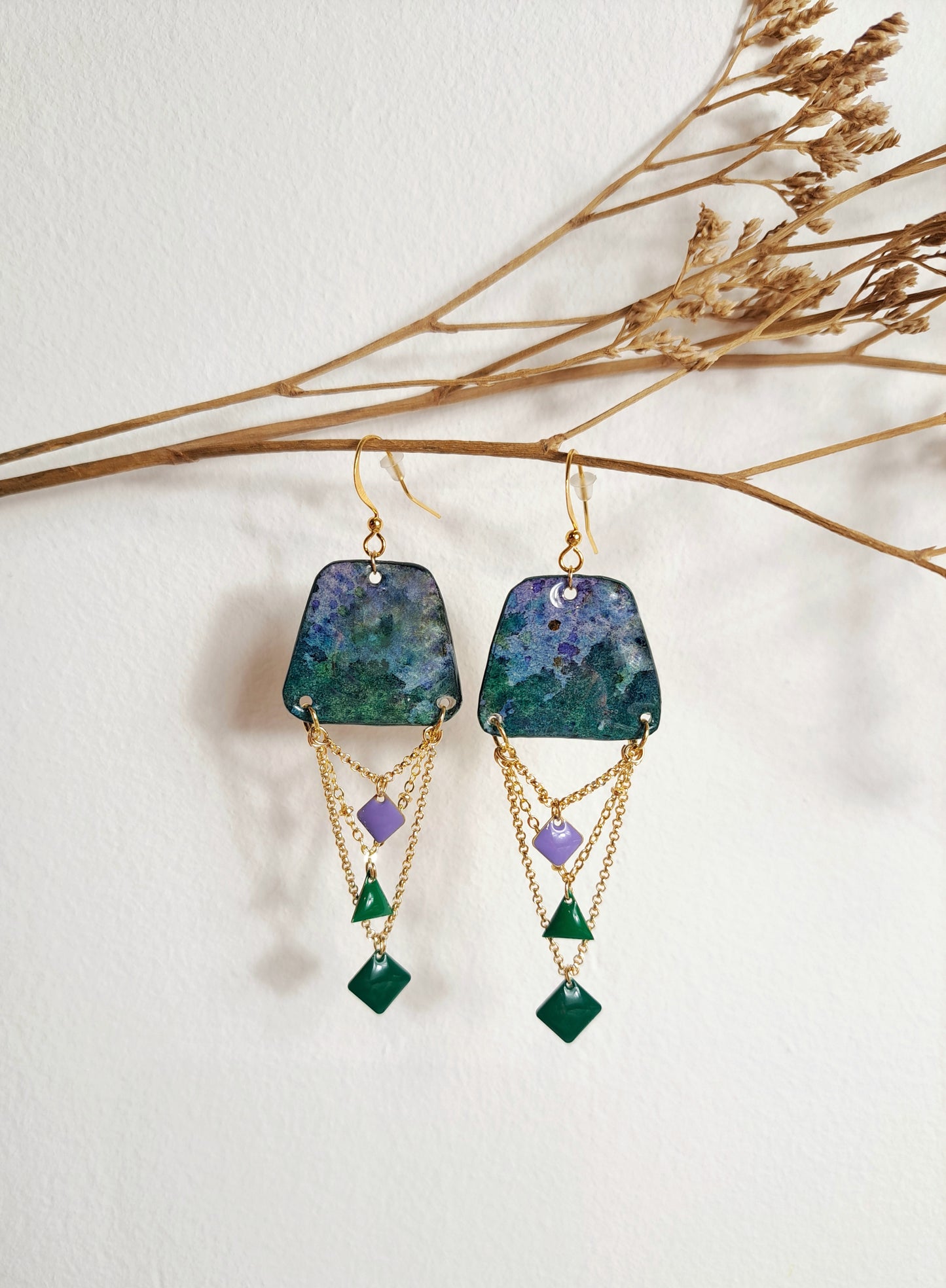 Boucles d'oreilles Adela III aquarelle violet vert forêt or - plaqué or 18k