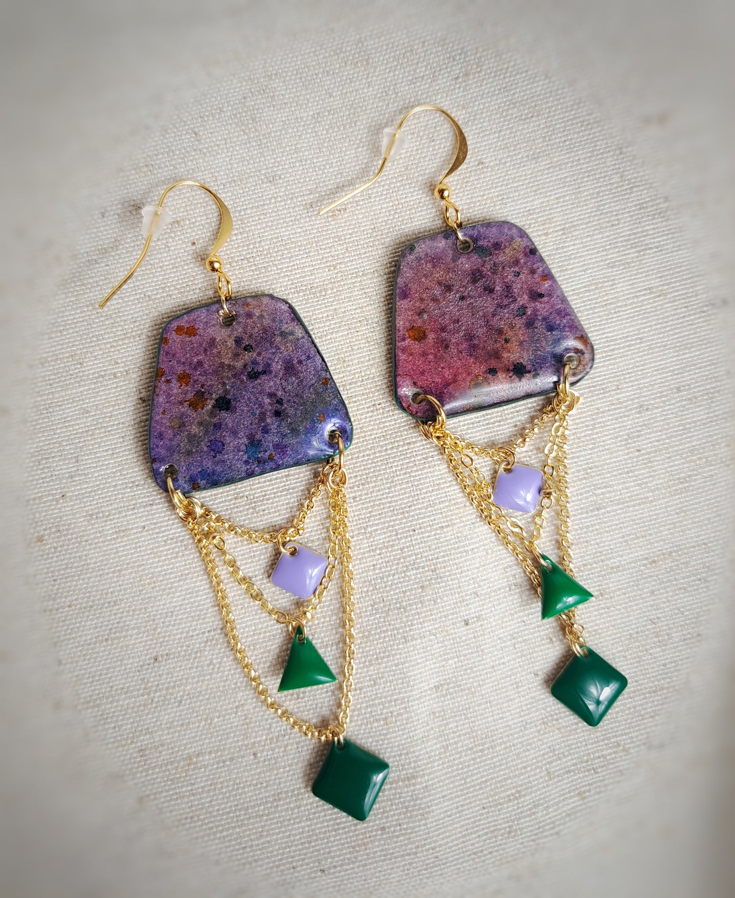 Boucles d'oreilles Adela III aquarelle violet vert forêt or - plaqué or 18k