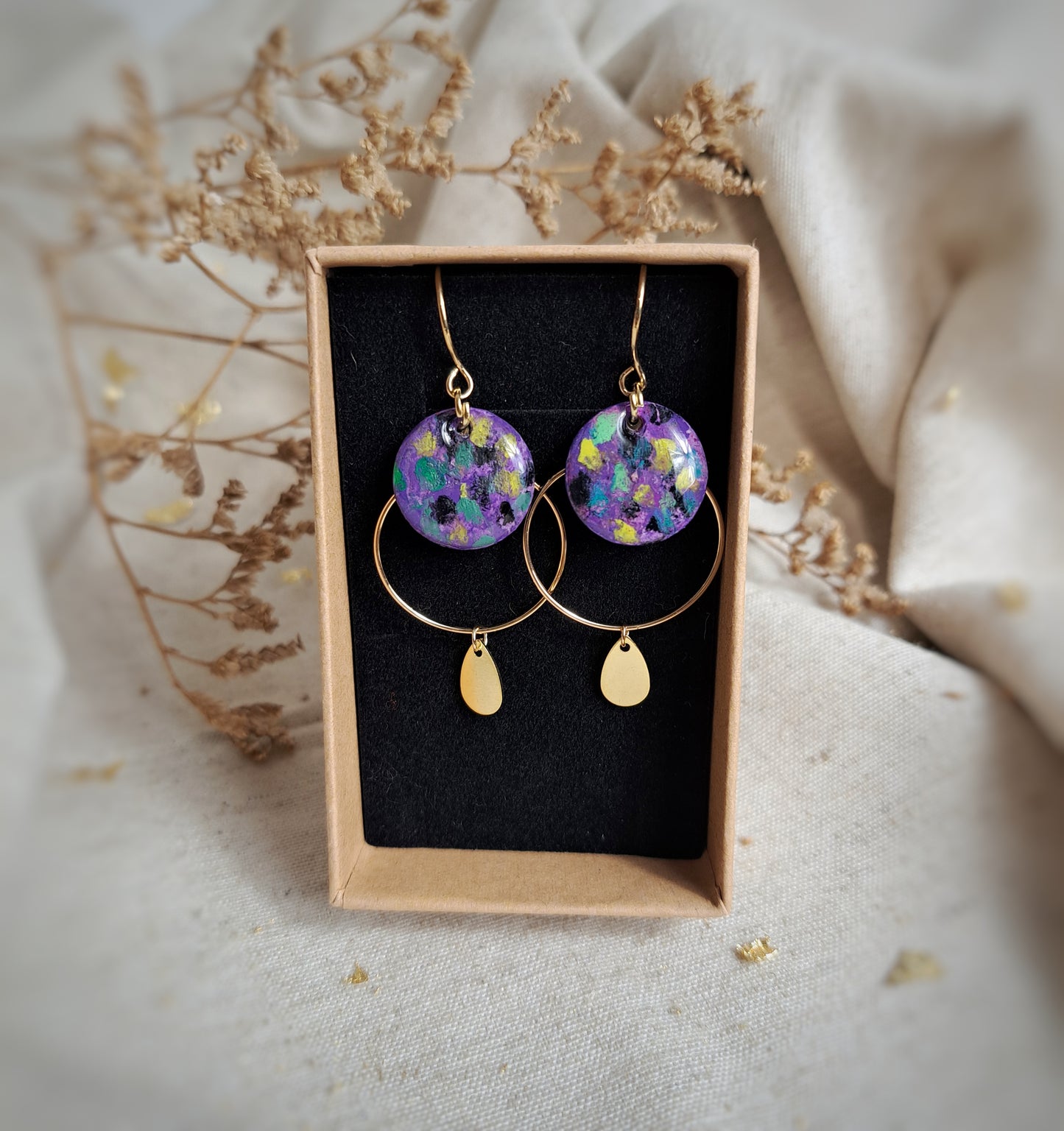 Boucles d'oreilles géométriques "Ozalee II" pastel gras violet,vert d'eau, noir, goutte or - plaqué or 18k