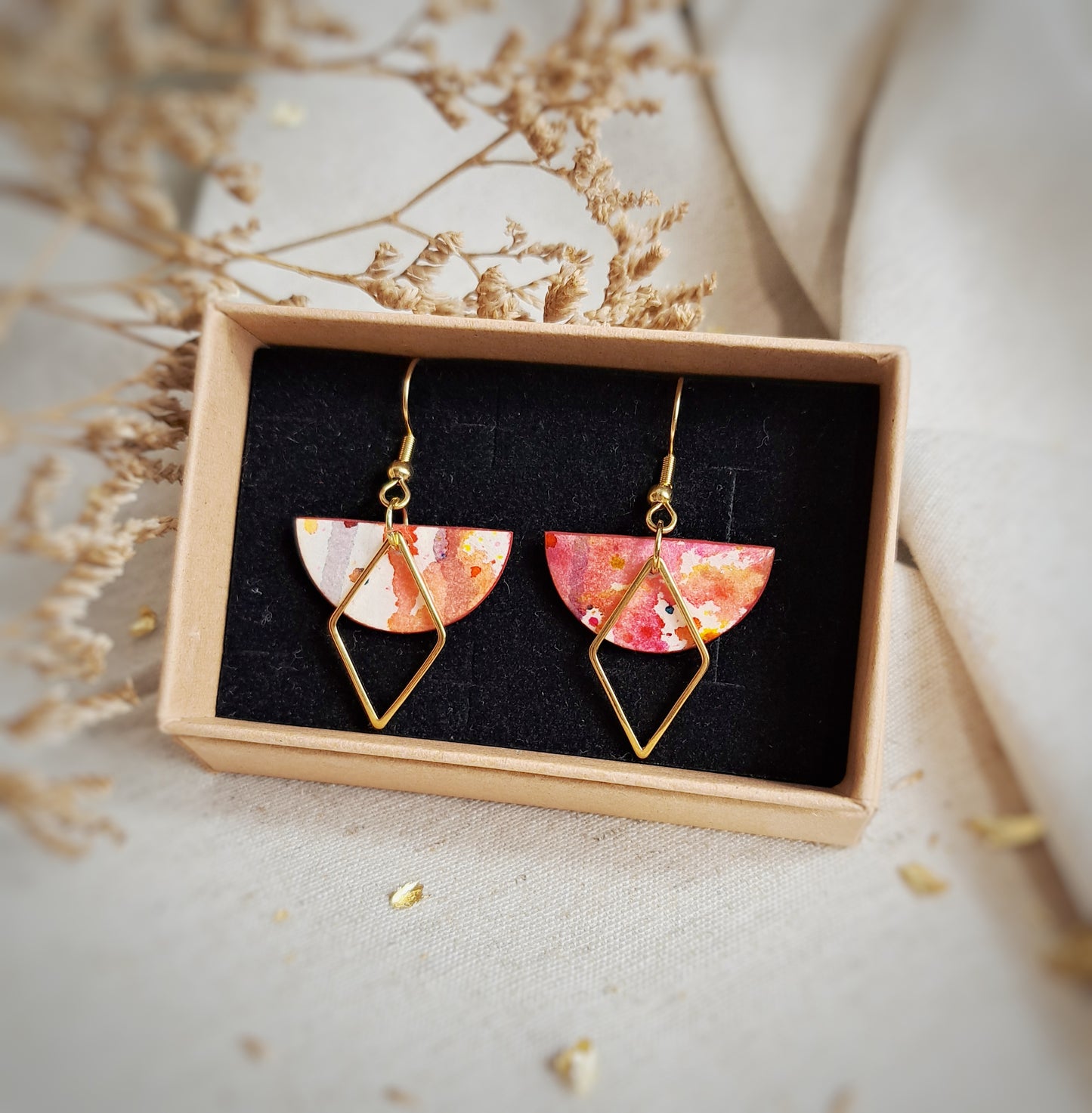 Boucles d'oreilles " " aquarelle rouge, blanc, vermillon - plaqué or 18k