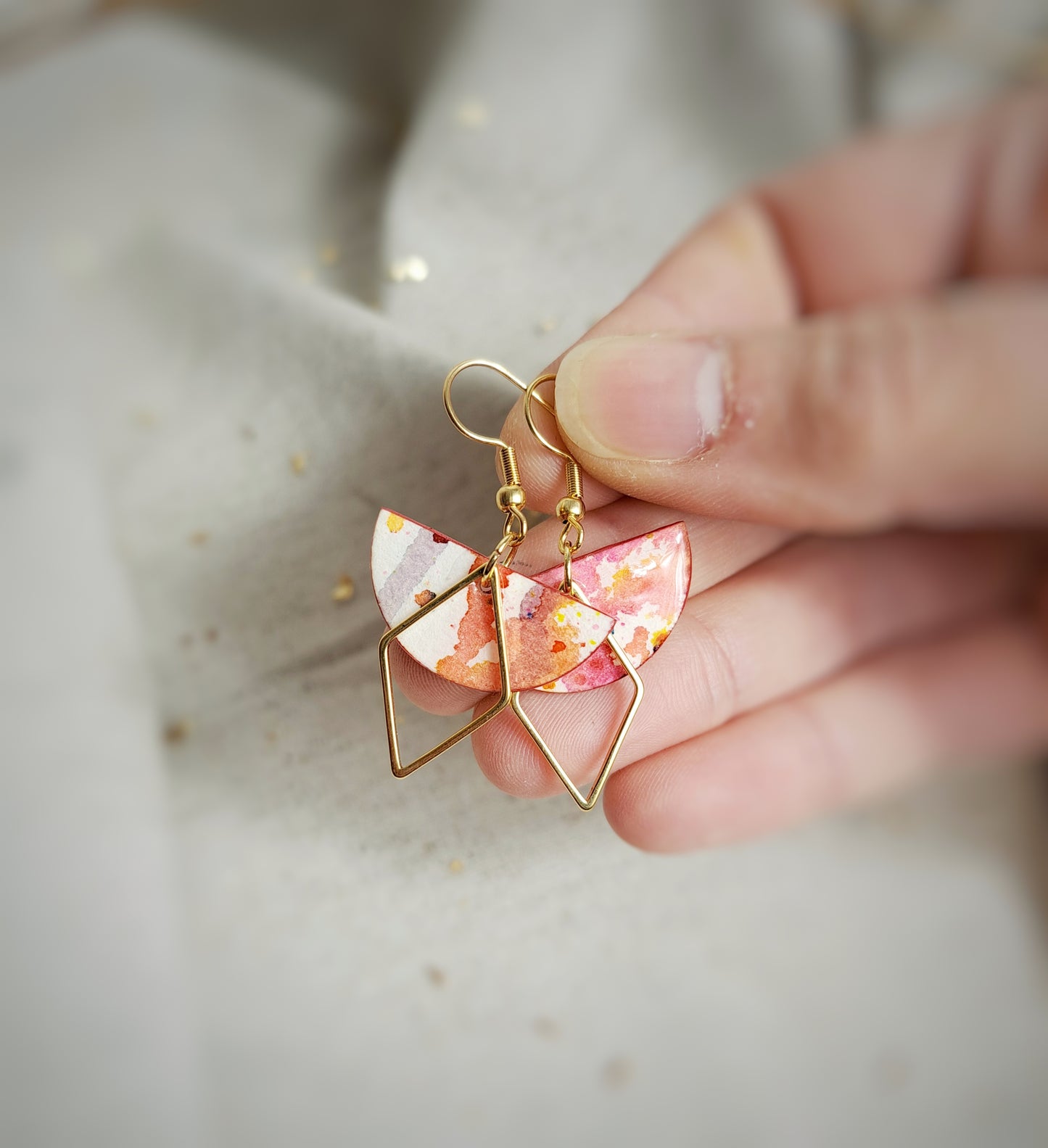 Boucles d'oreilles " " aquarelle rouge, blanc, vermillon - plaqué or 18k