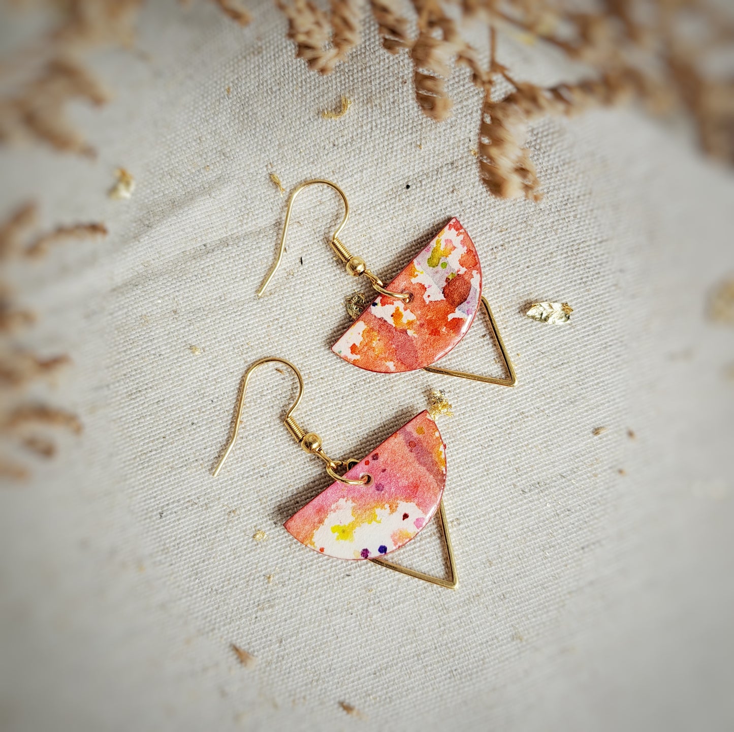 Boucles d'oreilles " " aquarelle rouge, blanc, vermillon - plaqué or 18k