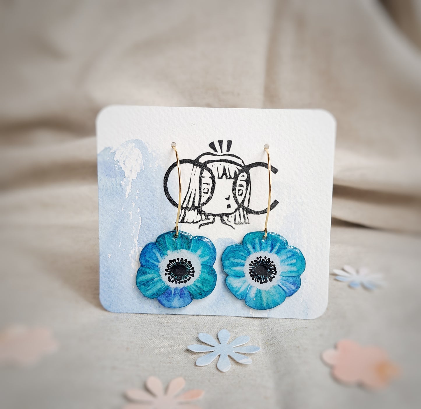 Boucles d'oreilles fleurs "ARTY IV" bleu aquarelle - plaqué or 18k