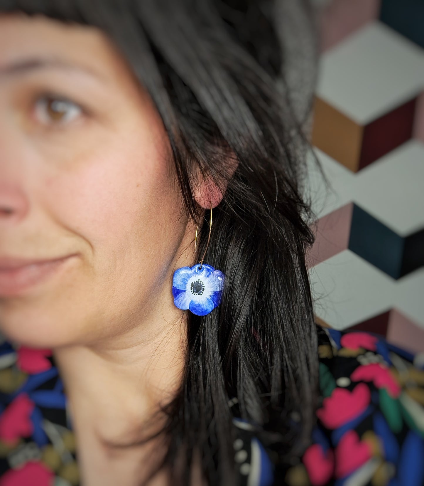 Boucles d'oreilles fleurs "ARTY II" bleu outremer aquarelle - plaqué or 18k