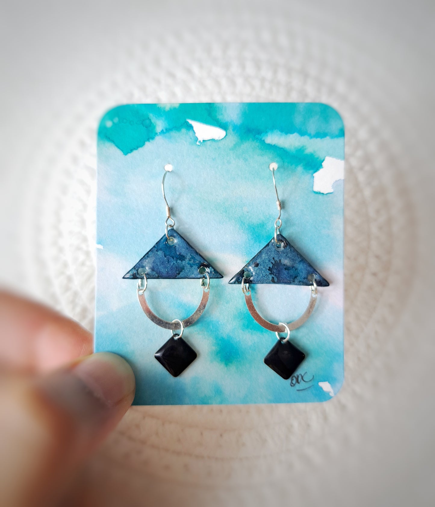 Boucles triangle indigo aquarelle & argent 925
