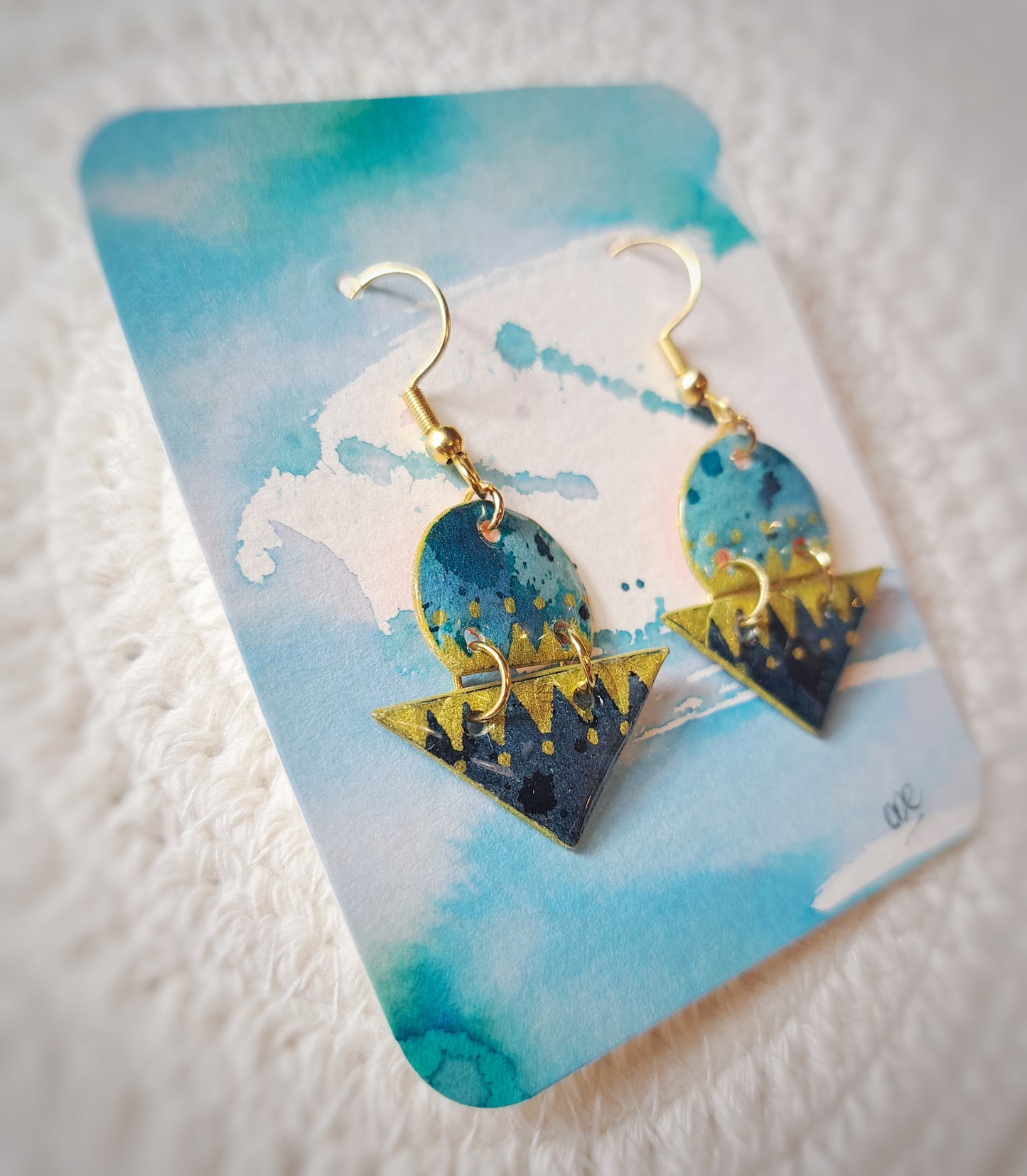 Boucles collection Ethnik - turquoise indigo aquarelle or - plaqué or 18k