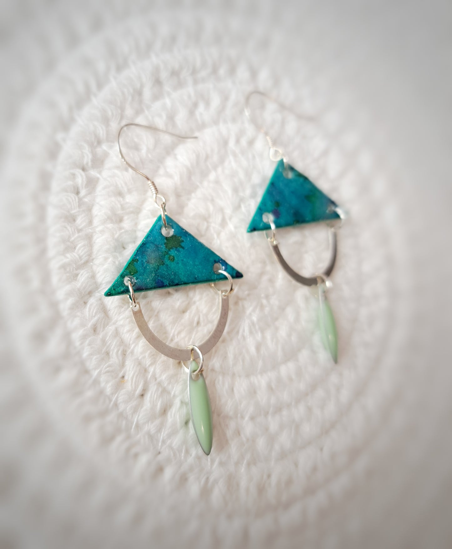 Boucles demis cercles triangles turquoise vert aquarelle - argent 925