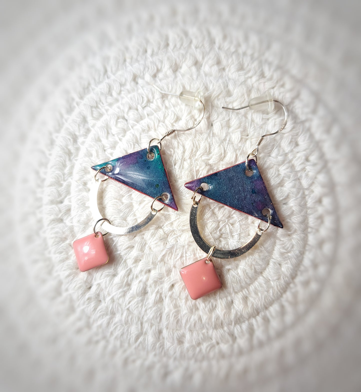 Boucles demis cercles triangles rose aquarelle - argent 925