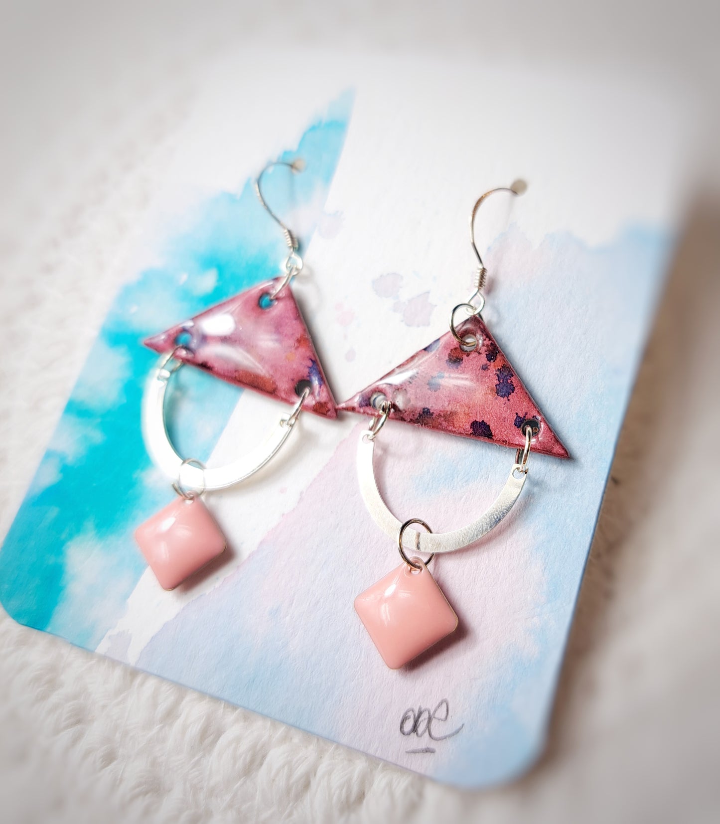 Boucles demis cercles triangles rose aquarelle - argent 925