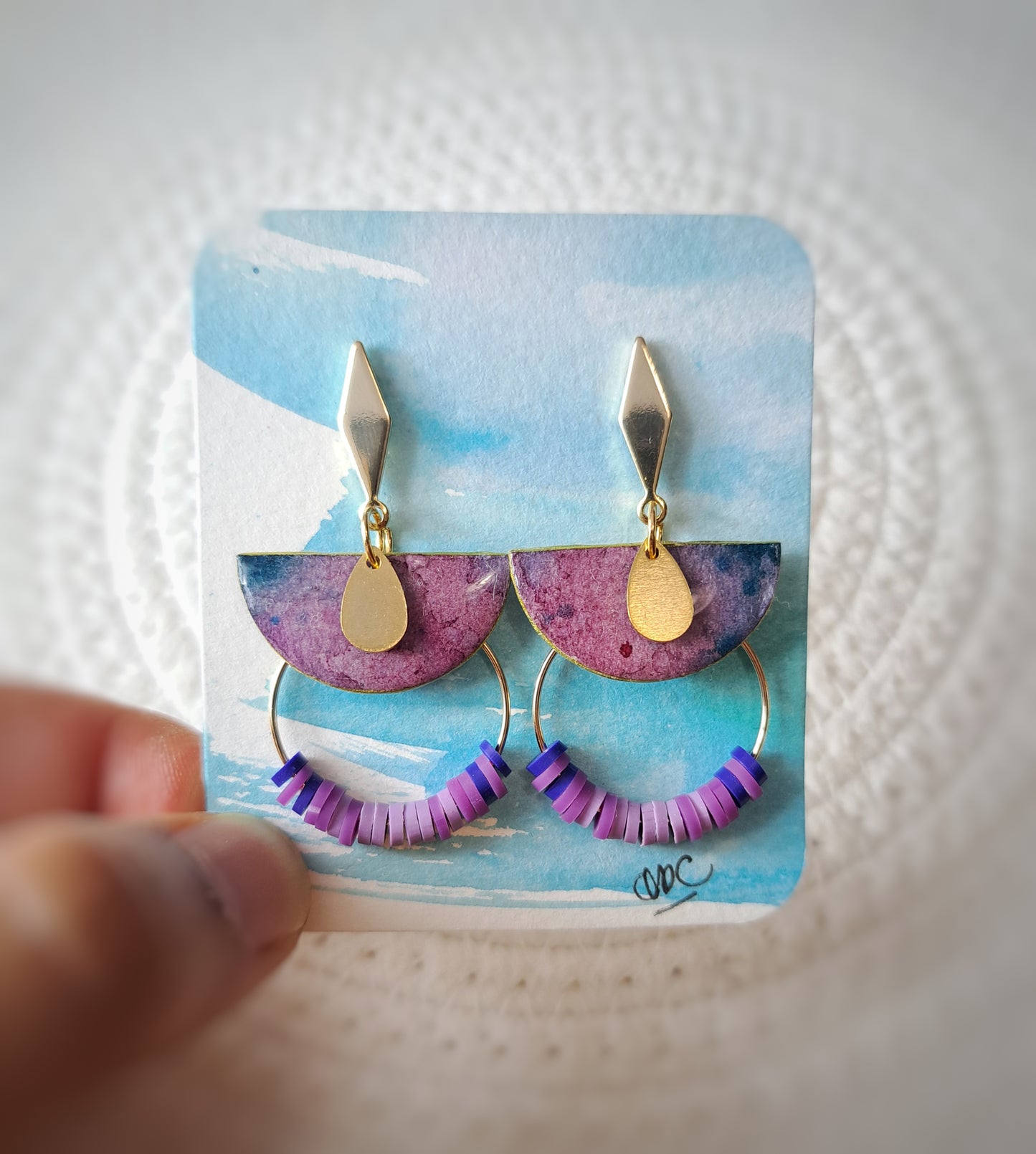 Boucles puces losange demi cercle violet - aquarelle & plaqué or 18k