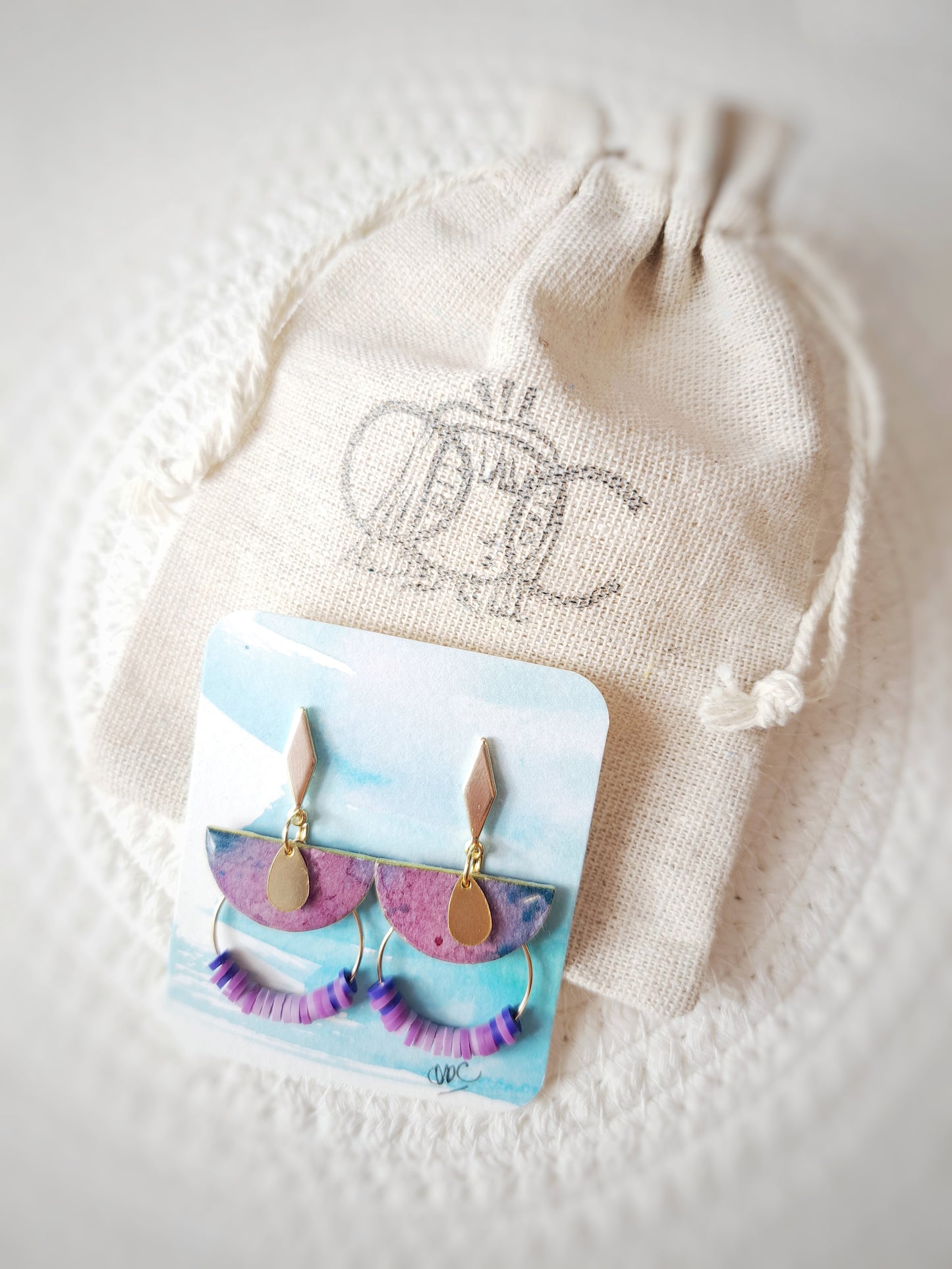 Boucles puces losange demi cercle violet - aquarelle & plaqué or 18k