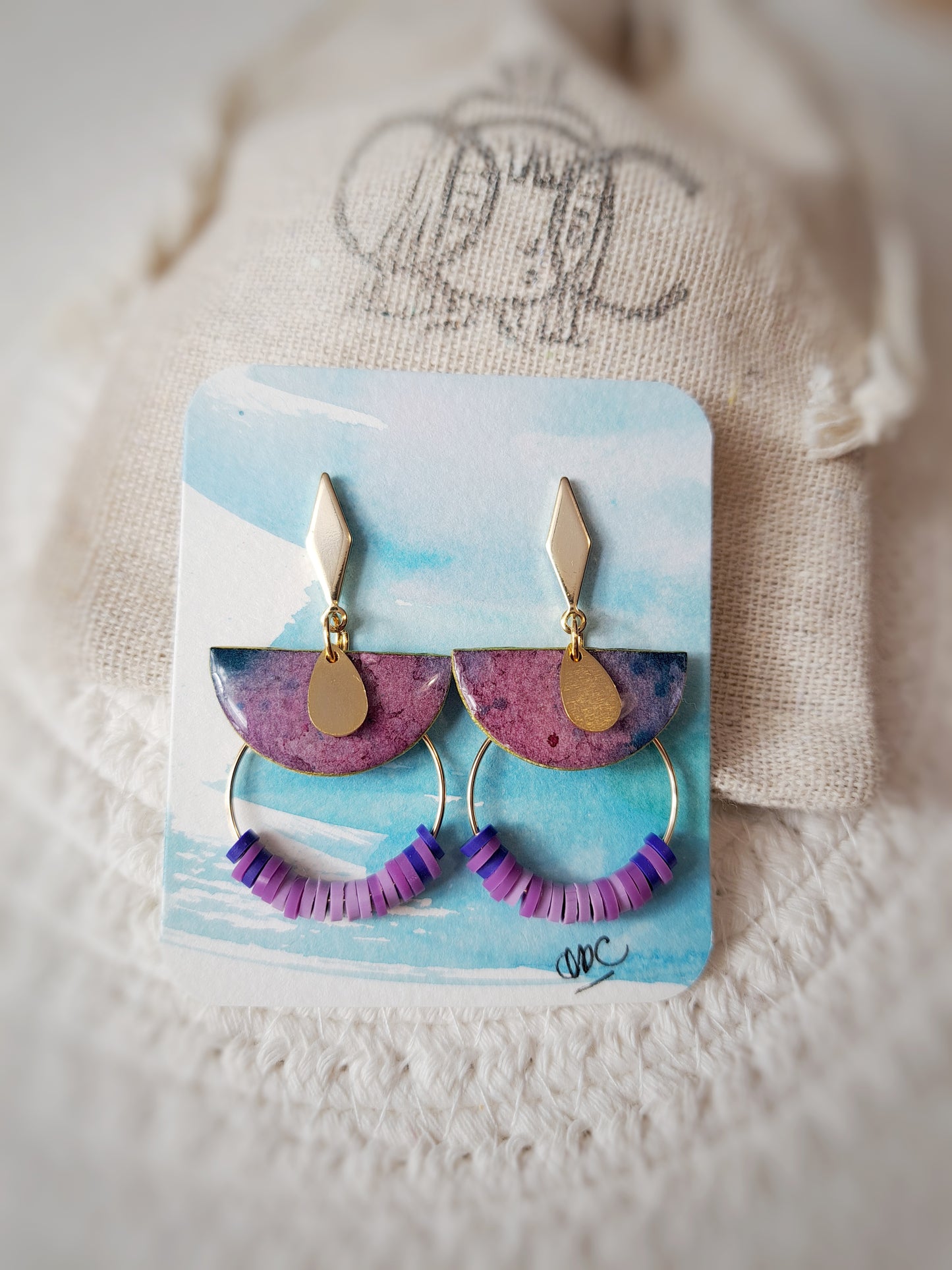 Boucles puces losange demi cercle violet - aquarelle & plaqué or 18k