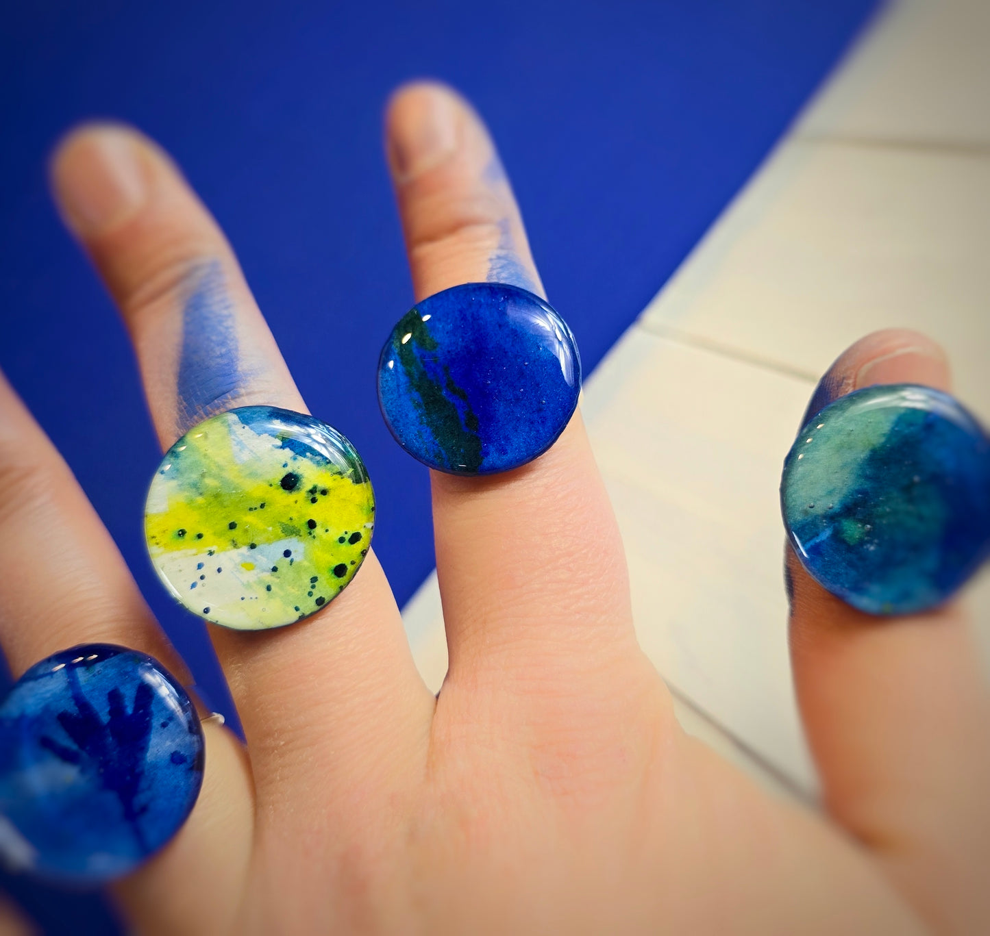 Bague réglable "Ocean" , bleu, vert d'eau - Aquarelle