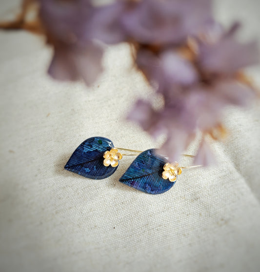 Boucles d'oreilles "Leaf IV" bleu aquarelle -encre noire - plaqué or 18k