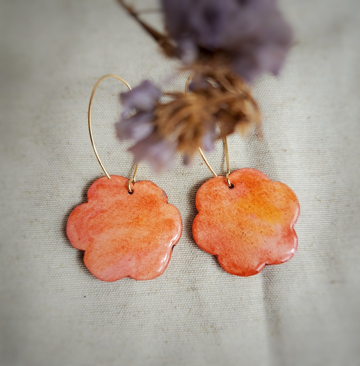 Boucles d'oreilles fleurs "ARTY III" rouge aquarelle - plaqué or 18k