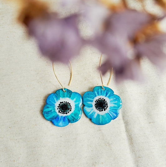 Boucles d'oreilles fleurs "ARTY IV" bleu aquarelle - plaqué or 18k