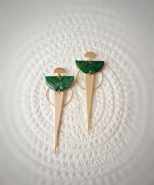 Boucles puces longues cercle camaïeu de vert - plaqué or 18k