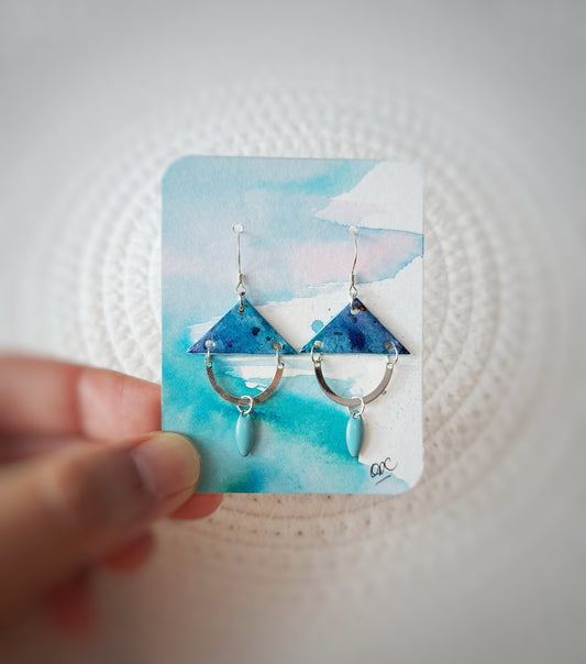 Boucles demis cercles triangles bleu aquarelle - argent 925