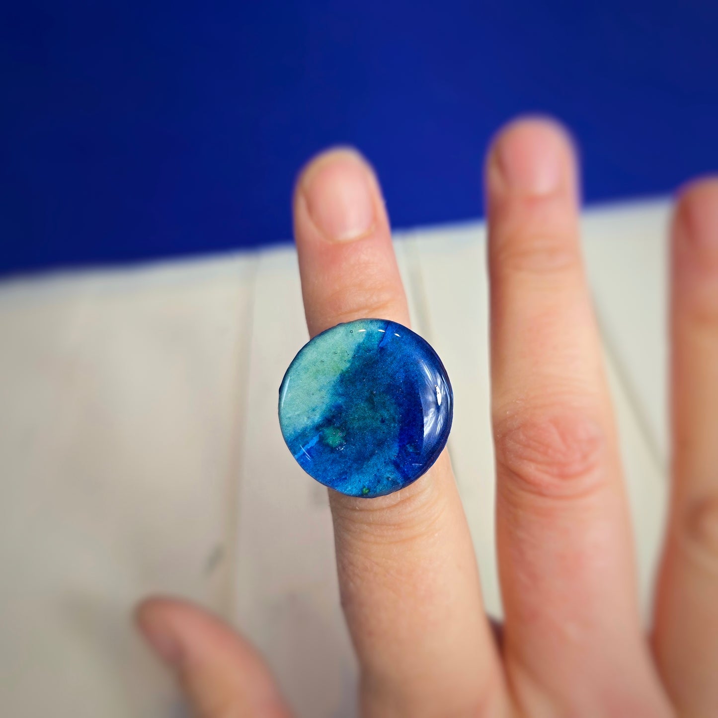 Bague réglable "Ocean" , bleu, vert d'eau - Aquarelle