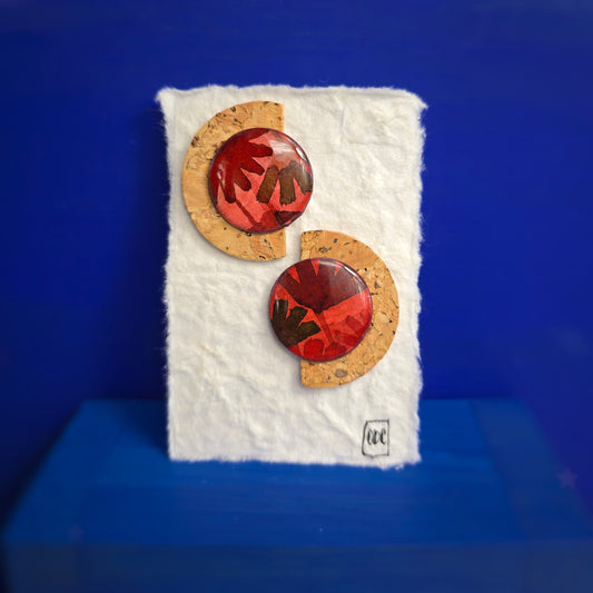 Puces d'oreilles "Empreinte" rouge- Aquarelle & liège